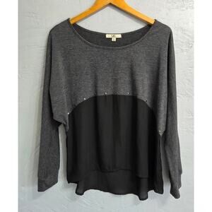 Ya LOSANGELES Woman's Grey Black Long Sleeve Half Sheer Top Size L